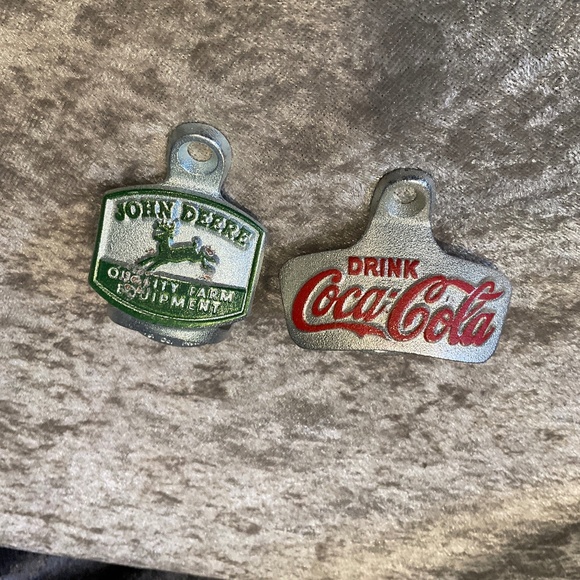 Vintage Set of 2, Coca Cola and John Deere Wall Mount Metal Bottle Open - Picture 1 of 3